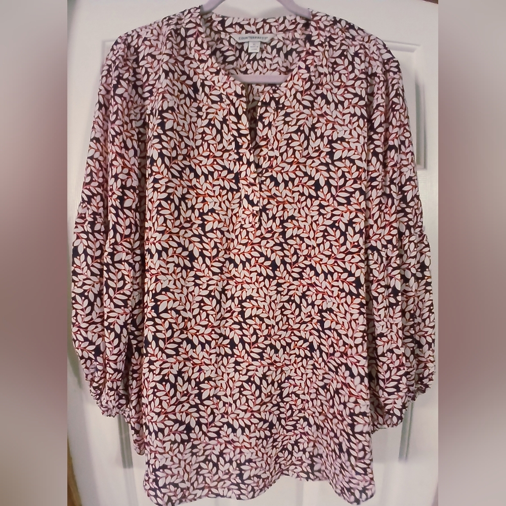 NWOT - Counterpart Women's Navy/Red Long Puff Sleeve  V-Neck Blouse Size XL